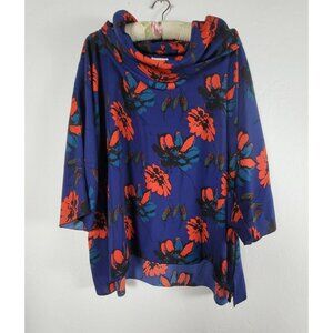 Carole Tomkins The Big Shirt Women's Floral Tunic Top Blue/Red Cowl Neck Size 2